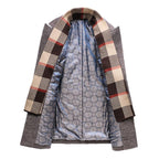 Wool coat windproof detachable scarf, detail view of collar and buttons; brown and dark gray.