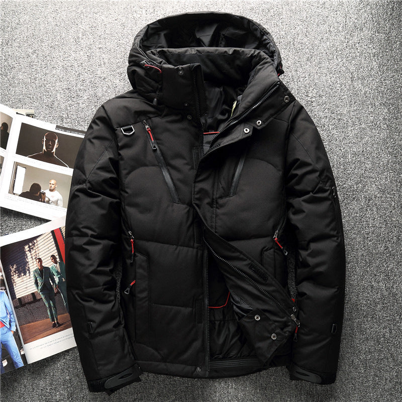 Down puffer parka with detachable hood in black, front view, full zip and thick insulation.