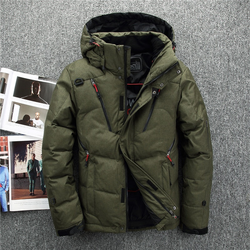 Down puffer parka with detachable hood in army green, front view, full zip insulated shell.