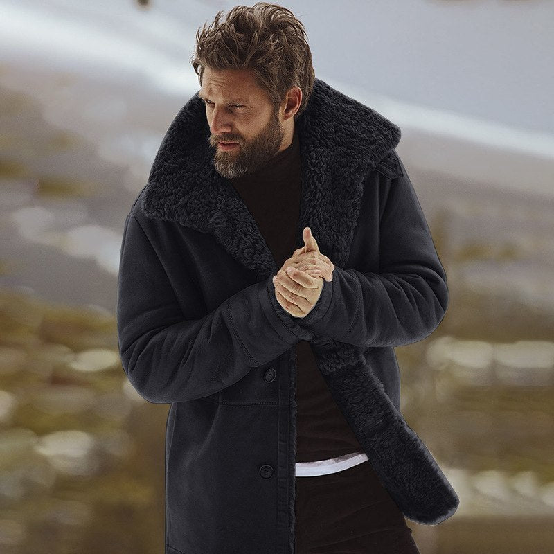 Black cotton-padded parka with thick winter insulation, front view