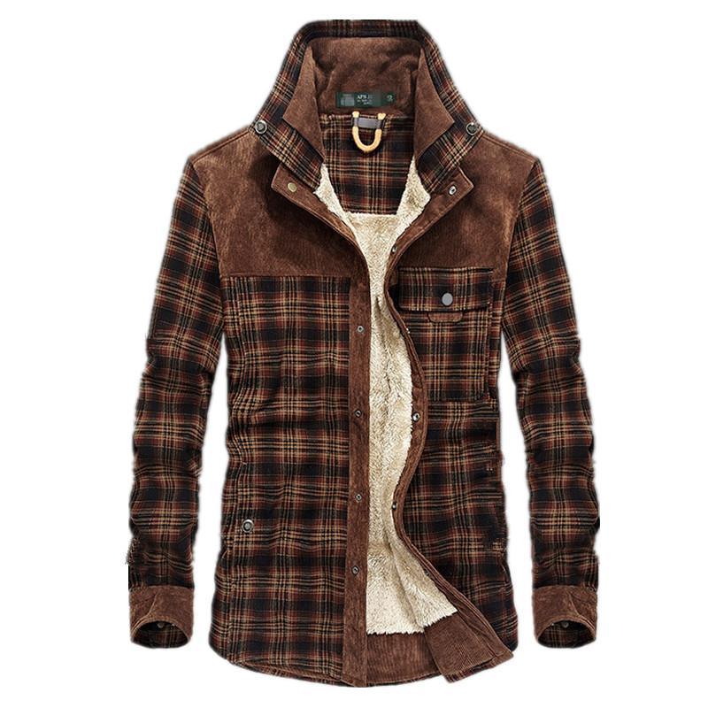 Plaid cotton jacket detail showing the turn-down collar and button front.