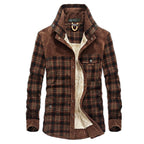 Plaid cotton jacket detail showing the turn-down collar and button front.