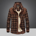 Plaid cotton jacket in red coffee check, single-breasted front view.
