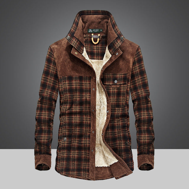 Plaid cotton jacket in red coffee check, single-breasted front view.