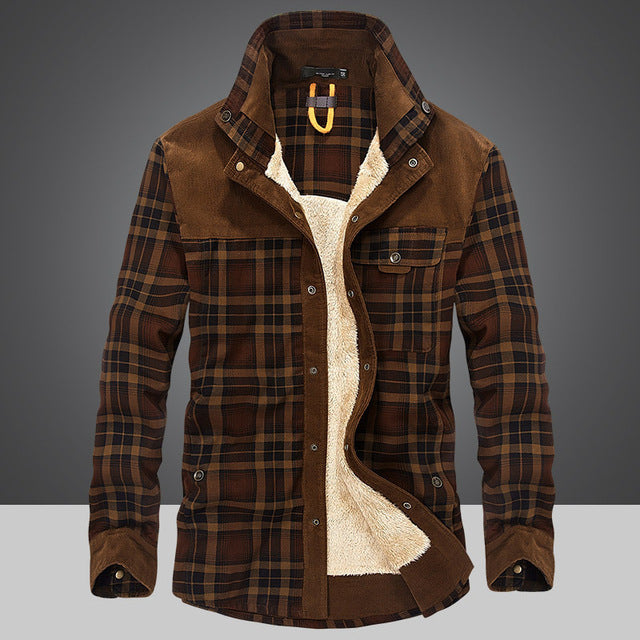 Plaid cotton jacket in coffee check, single-breasted front view.