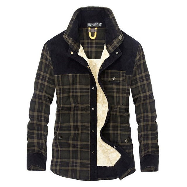 Plaid cotton jacket in green check, single-breasted front view.