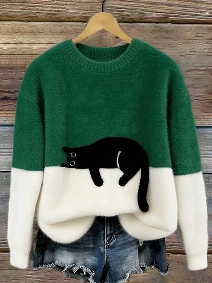 Casual Cat-Print Sweater Cotton