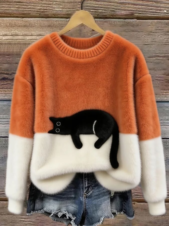 Casual cat-print cotton sweater in orange.