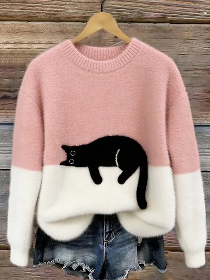 Casual Cat-Print Sweater Cotton