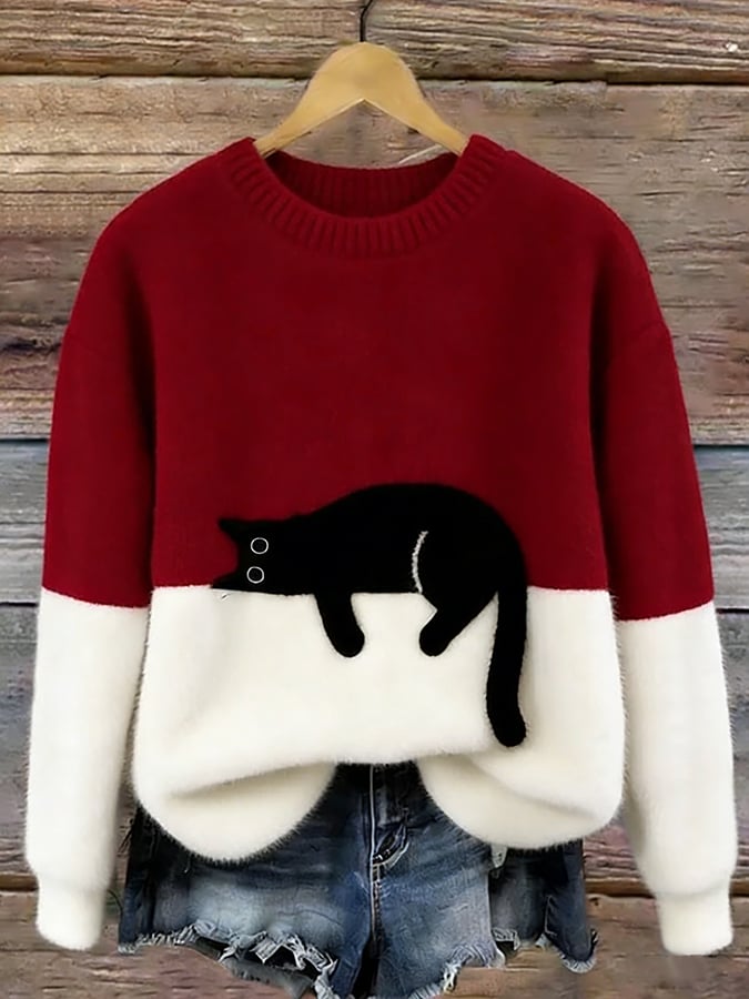 Casual Cat-Print Sweater Cotton