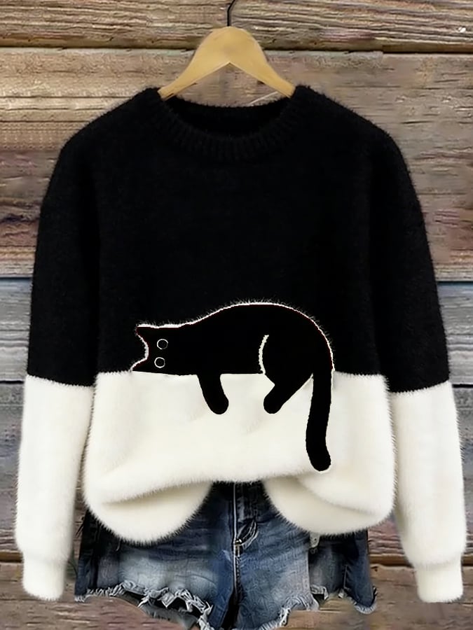 Casual Cat-Print Sweater Cotton
