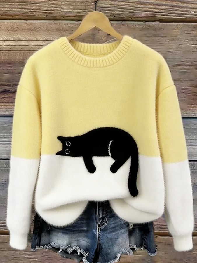 Casual Cat-Print Sweater Cotton