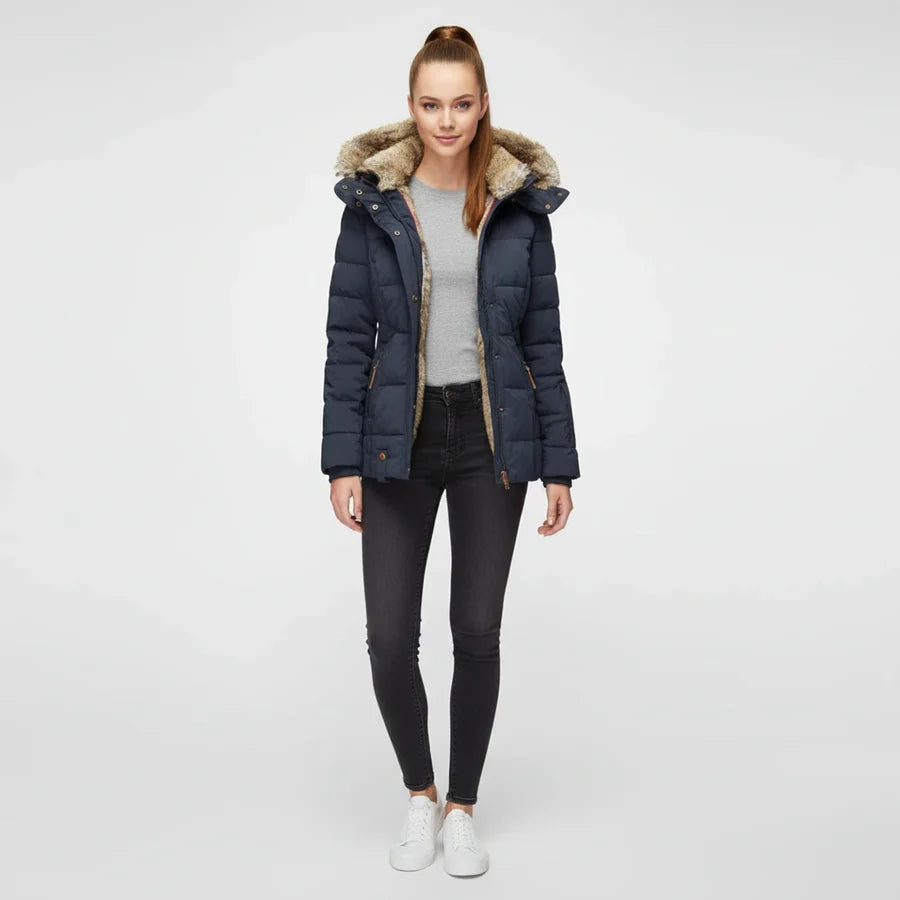 Fitted Fur-Hood Jacket Quilted Puffer