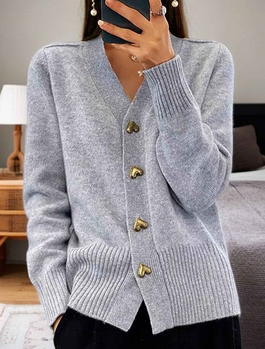 Grey minimalist cardigan with button placket and round neckline