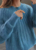 Blue soft knit sweater for warm winter layering, front view