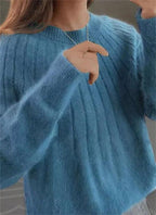 Blue soft knit sweater for warm winter layering, front view
