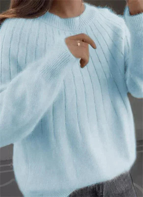 Light Blue soft knit sweater for warm winter layering, front view