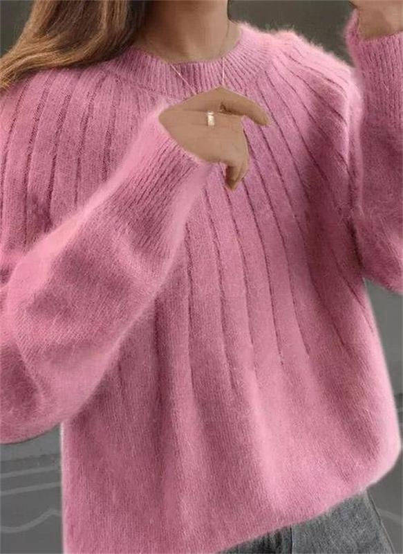 Pink soft knit sweater for warm winter layering, front view