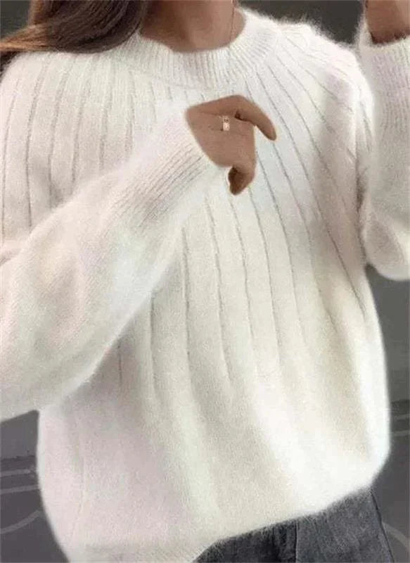 White soft knit sweater for warm winter layering, front view