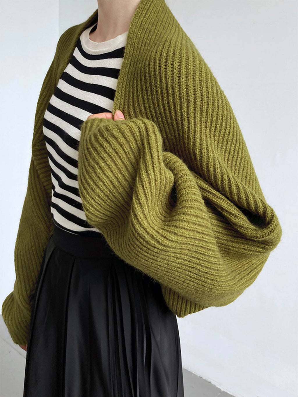 Open front shrug sweater in stretch knit, side view
