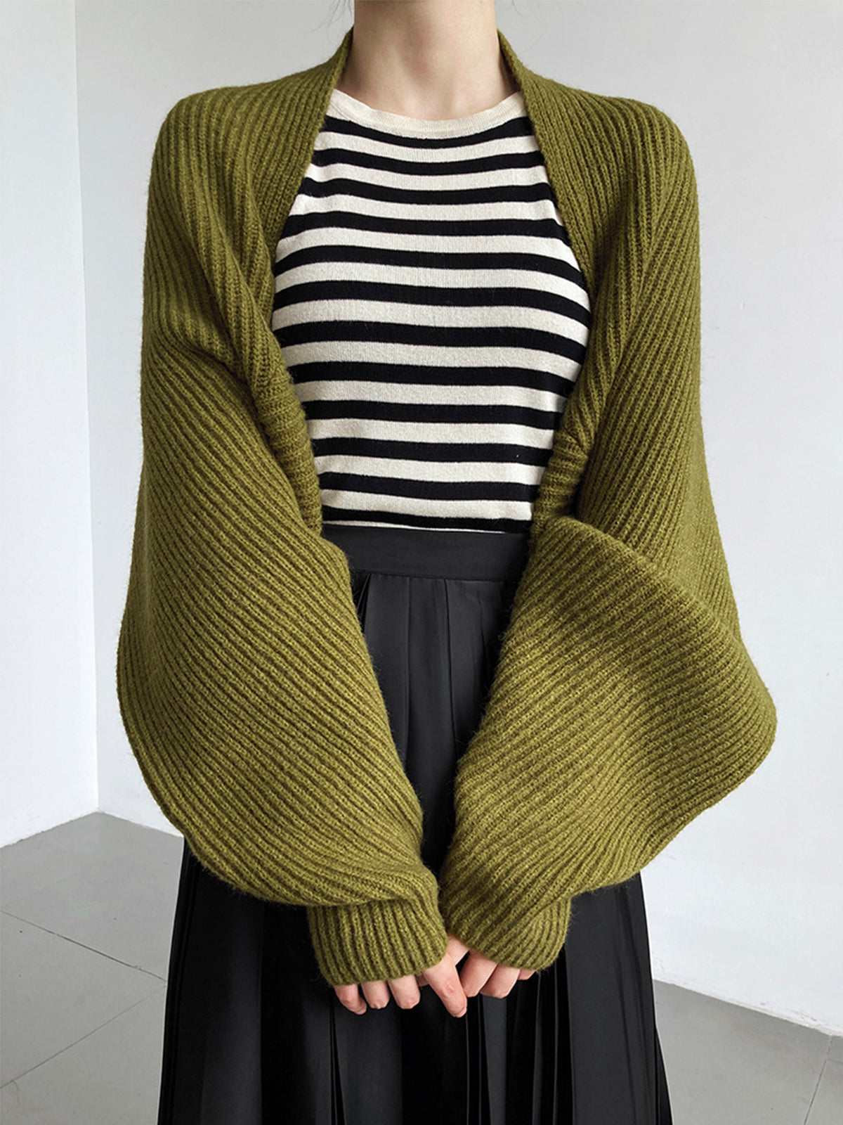 Open front shrug sweater in stretch knit, back view