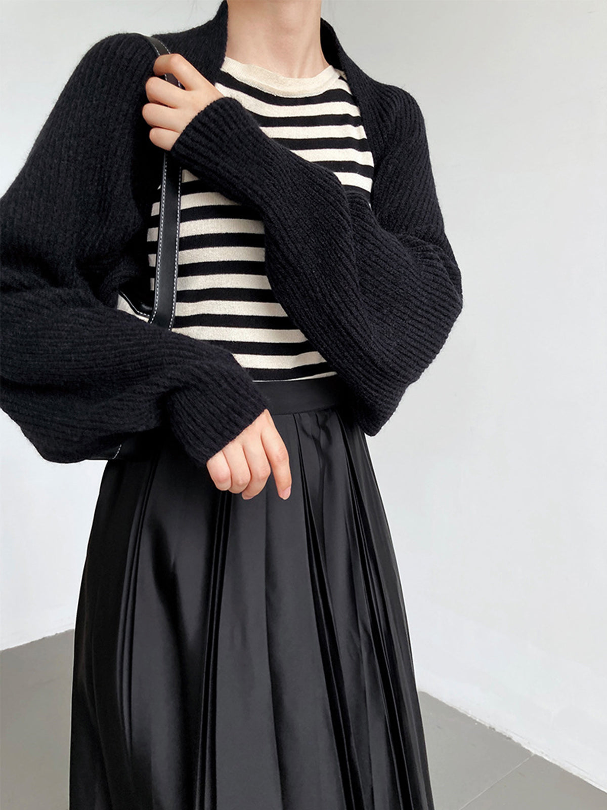 Open front shrug sweater in stretch knit, full-length view