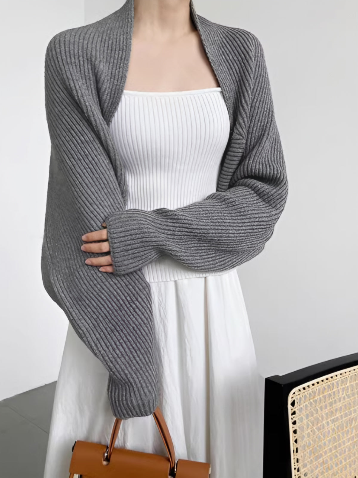 Open front shrug sweater in stretch knit, detail view
