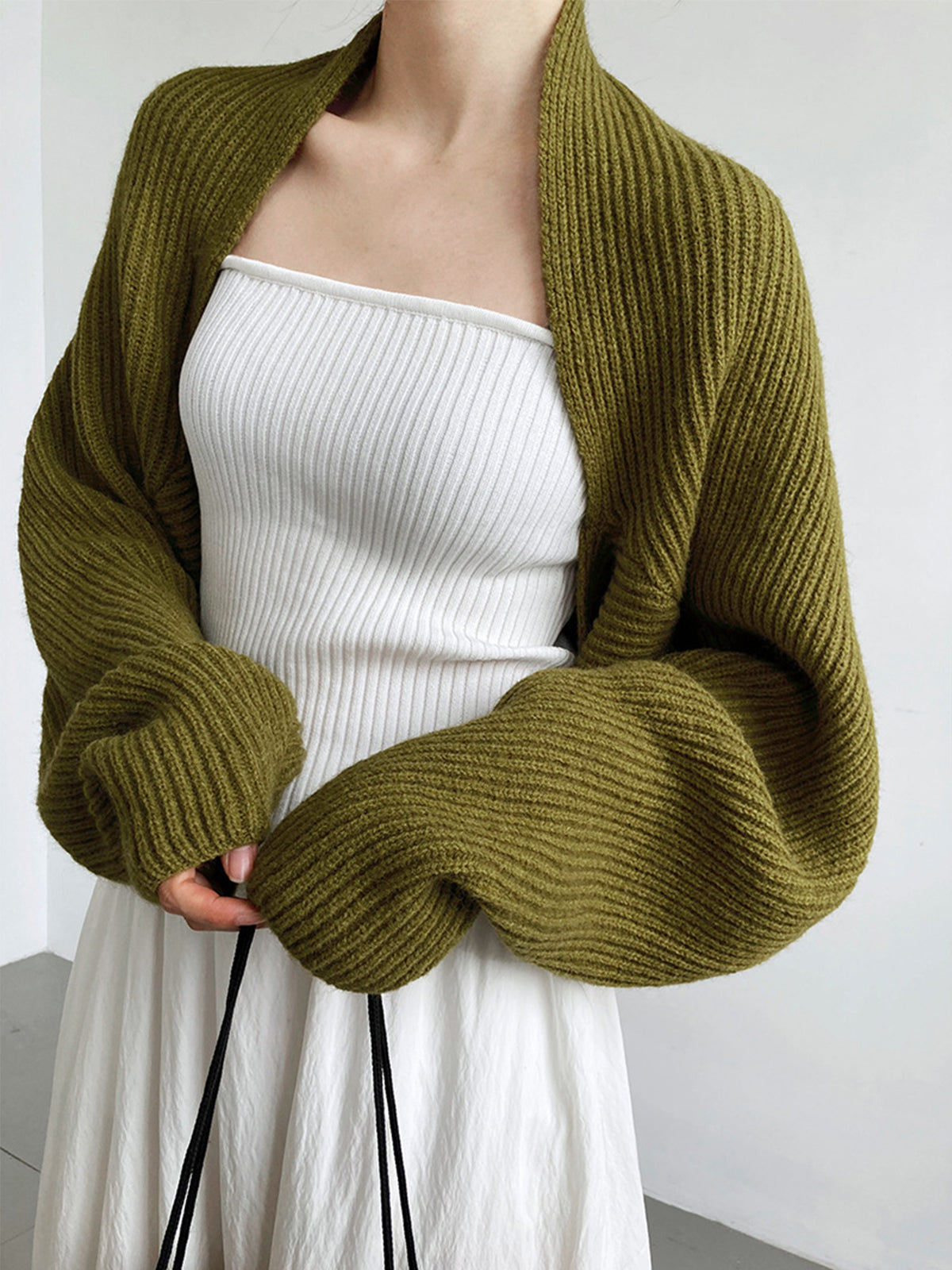 Open front shrug sweater in soft stretch knit, front view