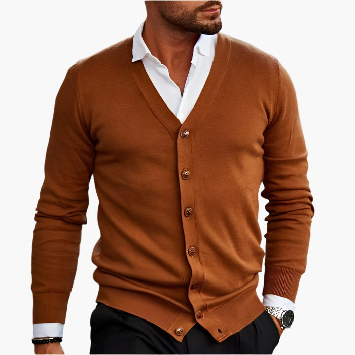 Dark brown V-neck cardigan in soft knit with button front