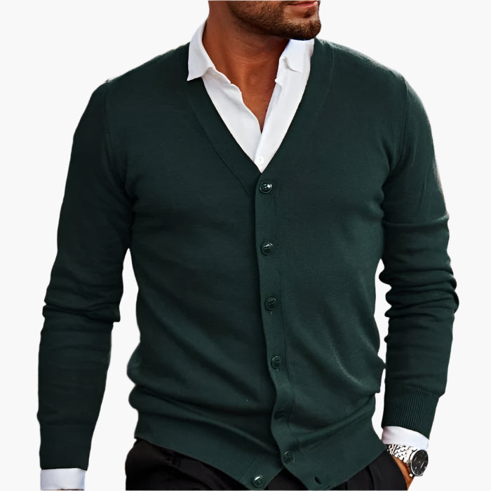 Dark green V-neck cardigan in soft knit with button front