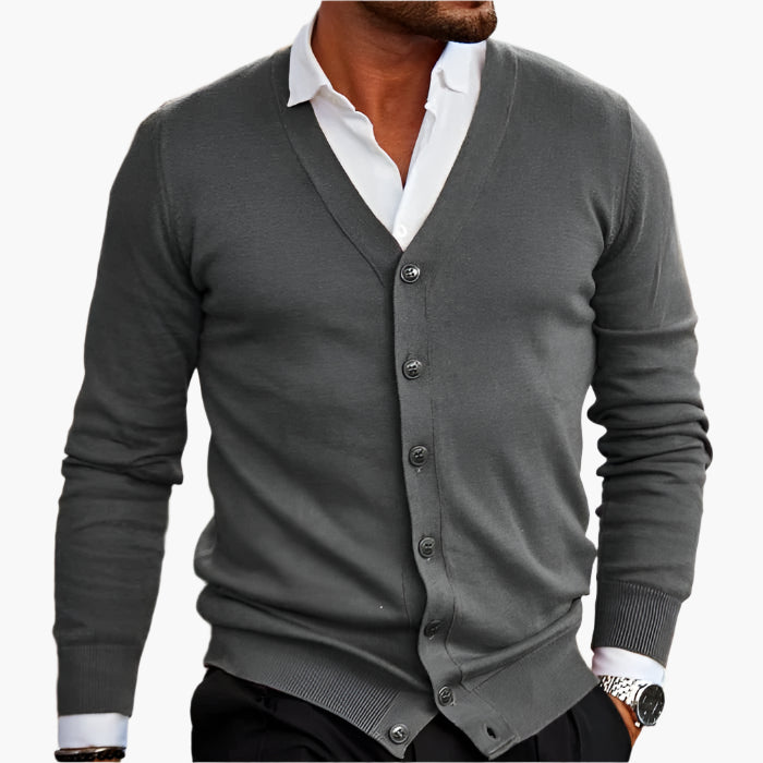 Grey V-neck cardigan in soft knit with button front