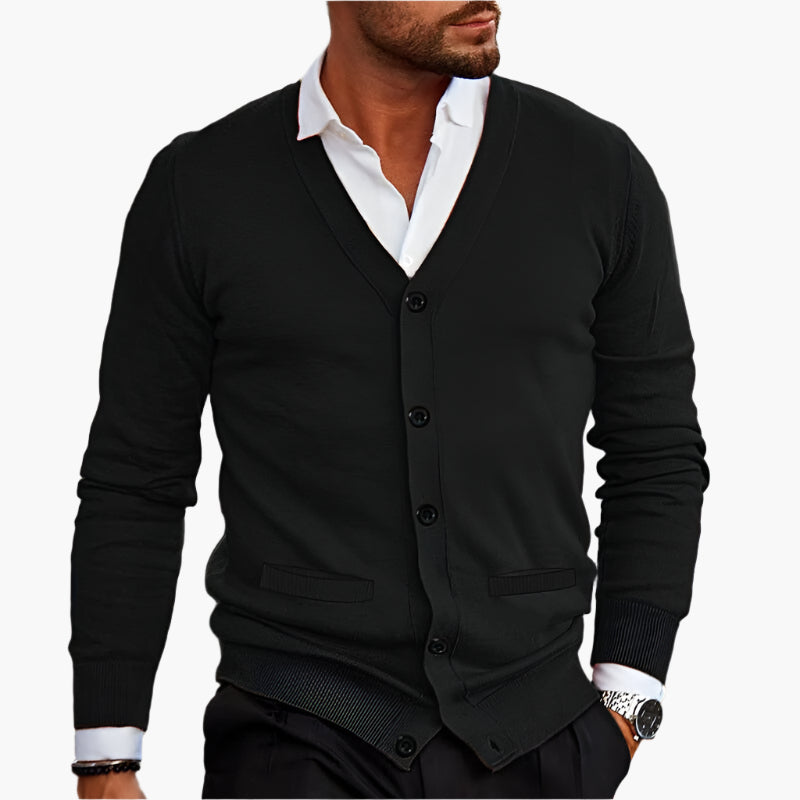 Black V-neck cardigan in soft knit with button front