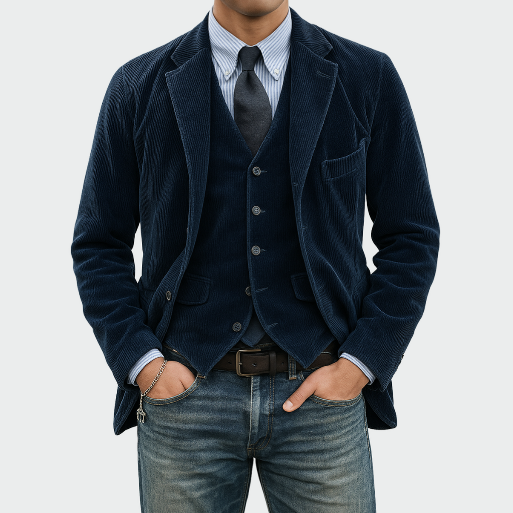 Blue blazer and vest set with tailored fit, two-piece front view