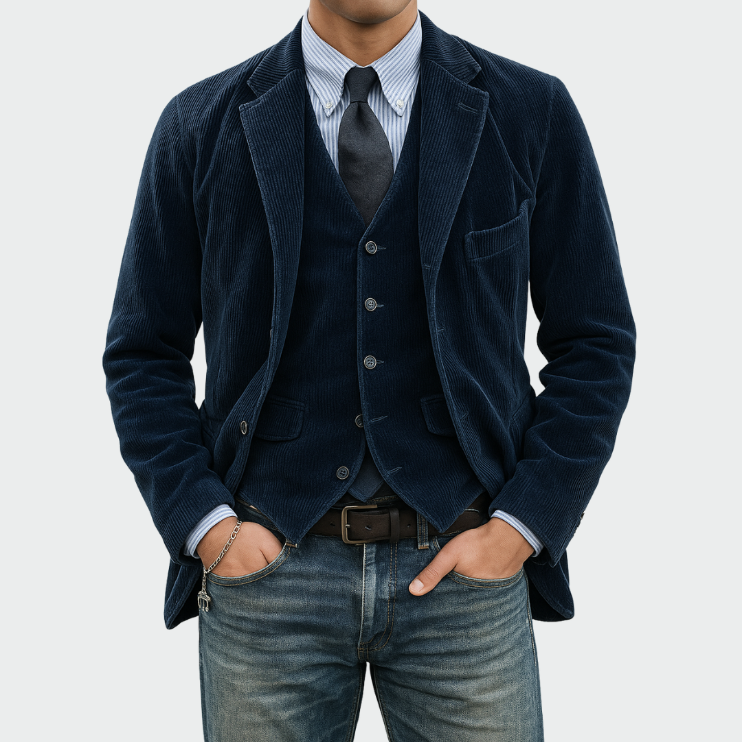 Blue blazer and vest set with tailored fit, two-piece front view
