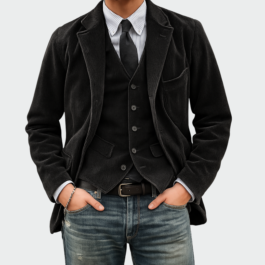 Black blazer and vest set with tailored fit, two-piece front view