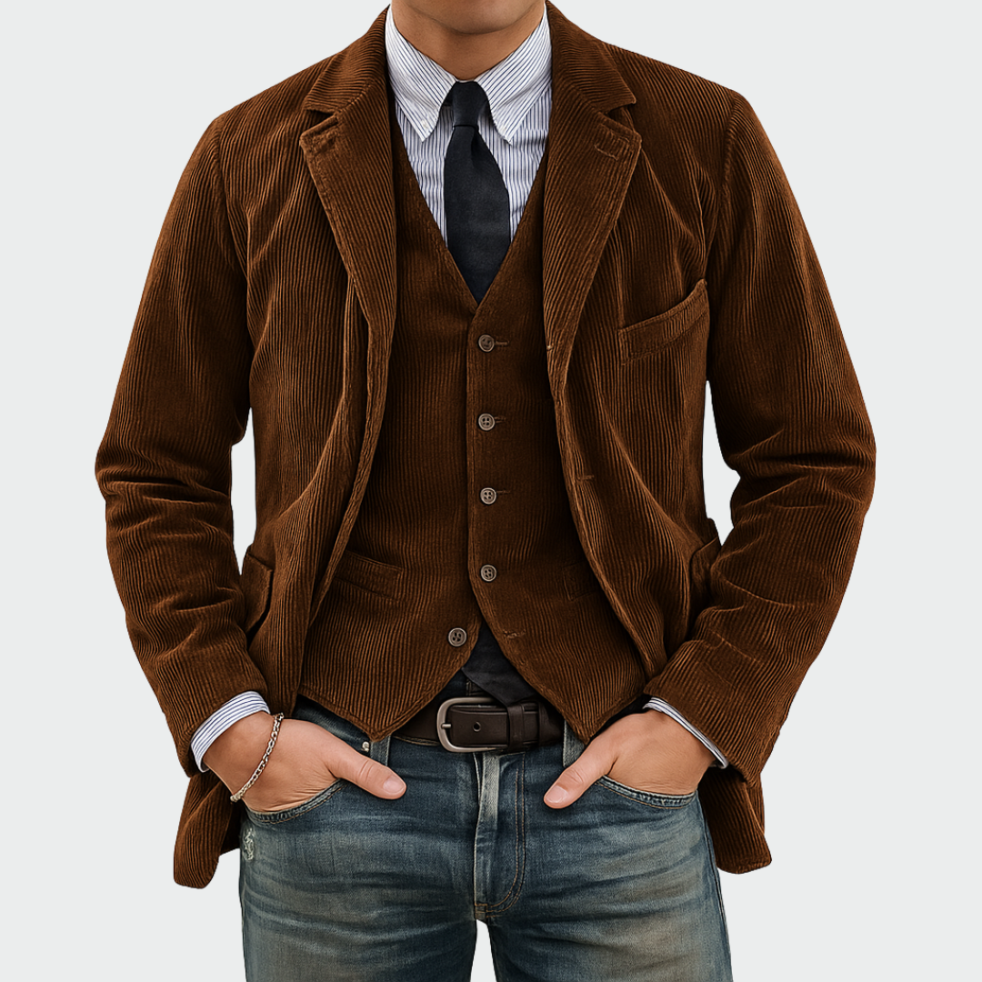 Brown blazer and vest set with tailored fit, two-piece front view