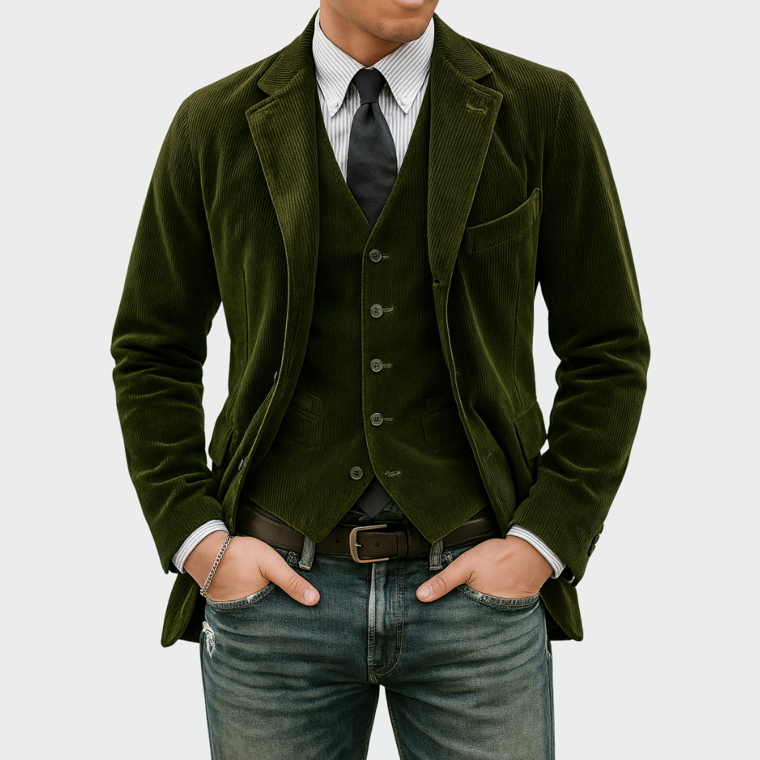 Green blazer and vest set with tailored fit, two-piece front view