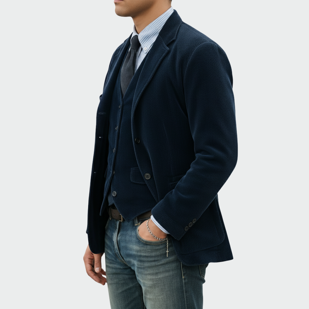 Tailored blazer and vest set, two-piece styling detail view