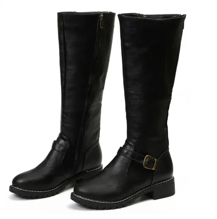 Black comfort boots with removable footbed, non-slip sole, front view