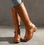 Brown comfort boots with removable footbed, non-slip sole, styled view