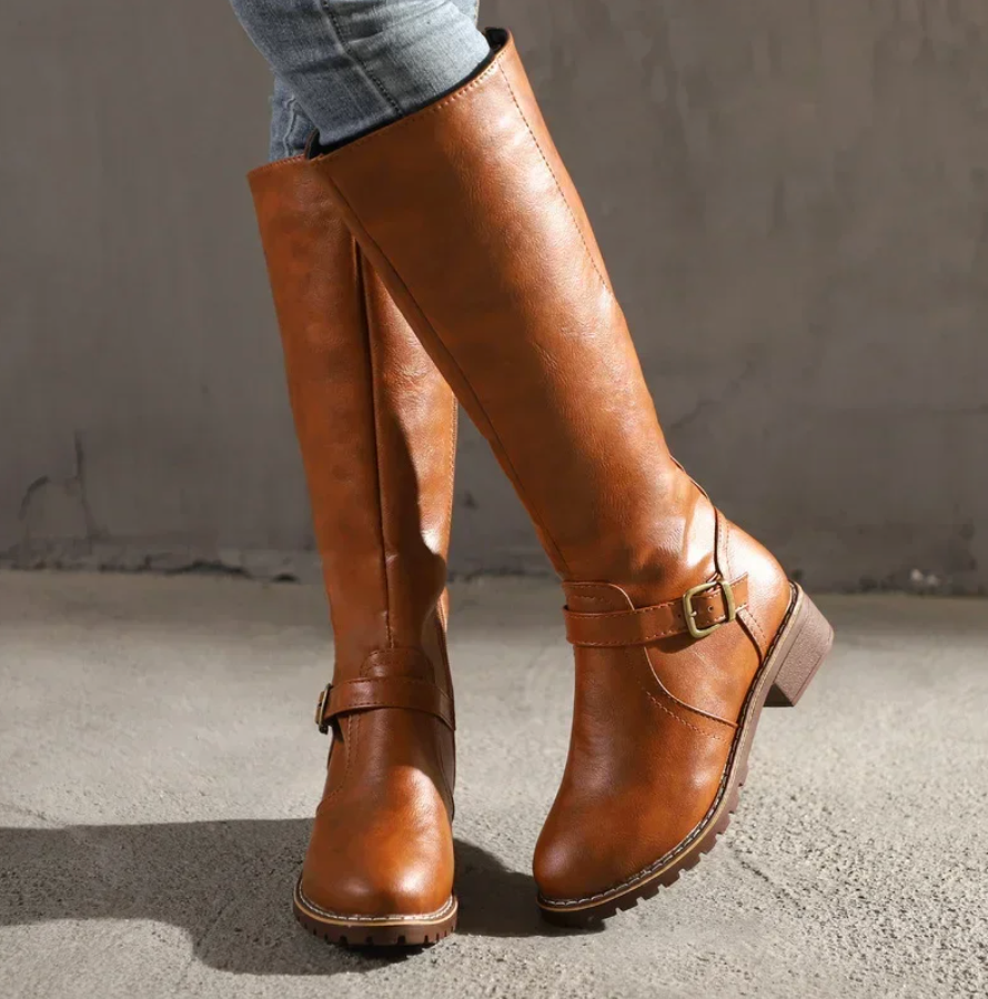 Brown comfort boots with removable footbed, non-slip sole, styled view