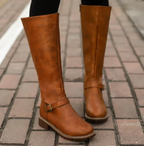 Brown comfort boots with removable footbed, non-slip sole, front view