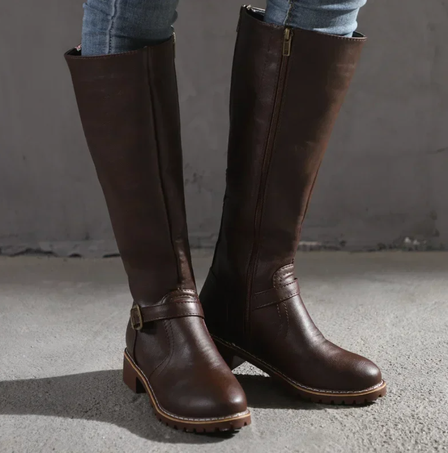 Dark Brown comfort boots with removable footbed, non-slip sole, pair view