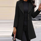 Black wool-blend coat with stand collar and slim tailored fit, elegant winter outerwear