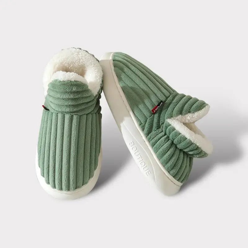 Plush cushioned slippers styled with loungewear indoors