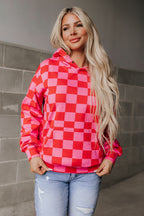 Pink and red checkered hoodie, close detail of check print