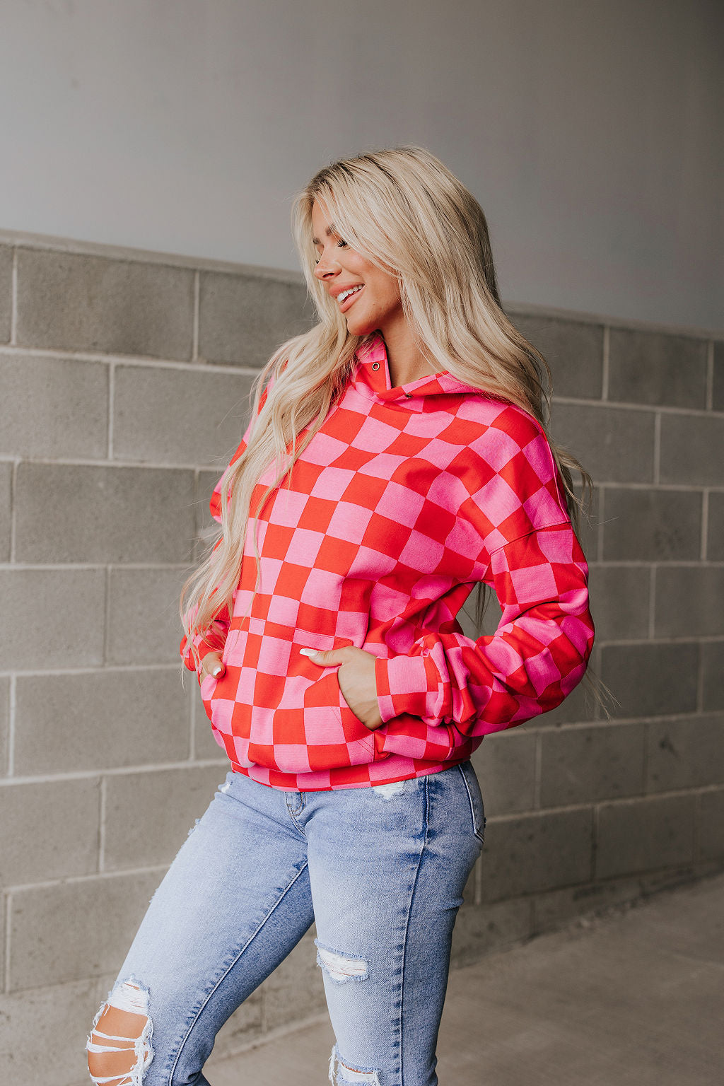 Pink and red checkered hoodie, close detail of hood