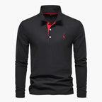 Black long-sleeve polo shirt in breathable cotton with chest embroidery