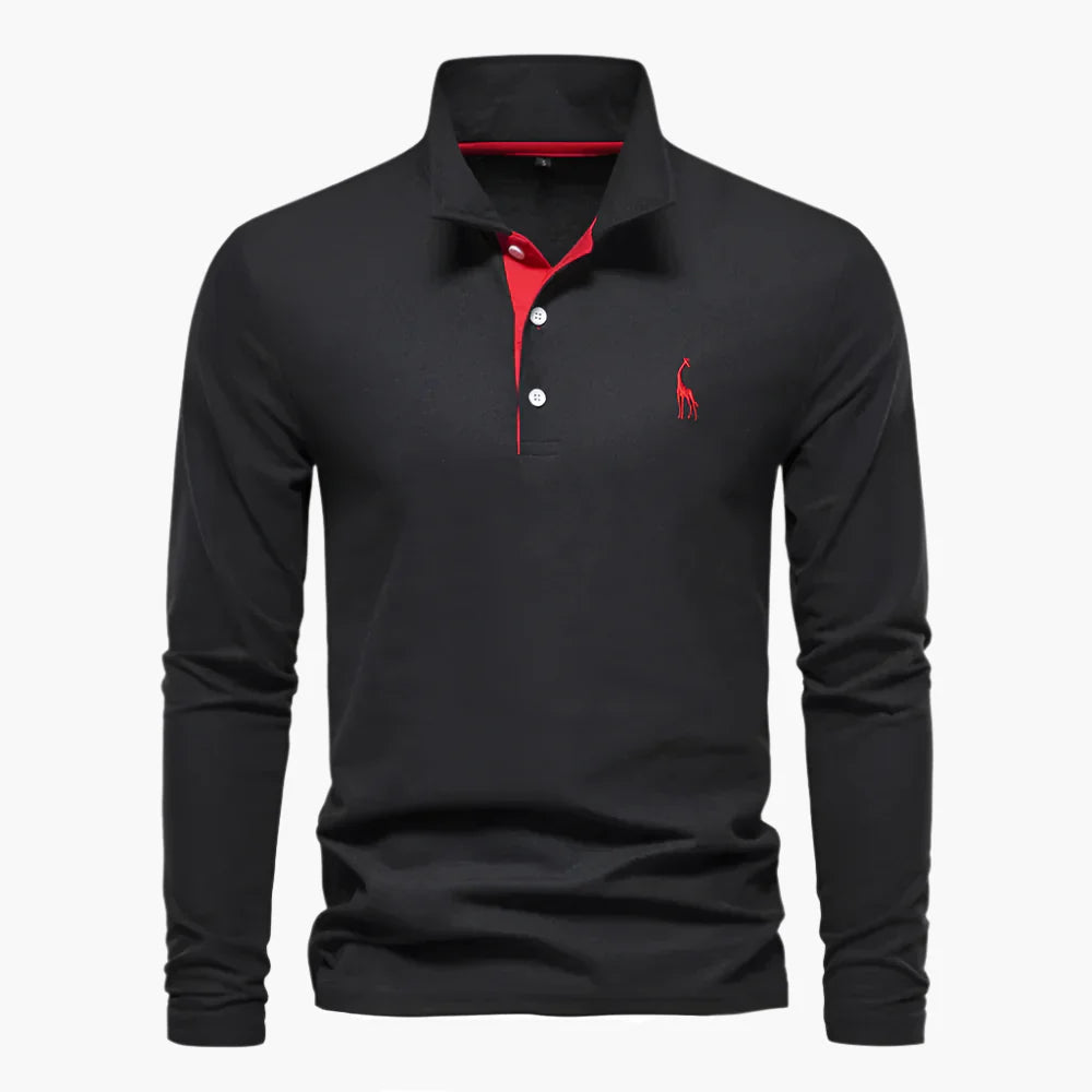 Black long-sleeve polo shirt in breathable cotton with chest embroidery