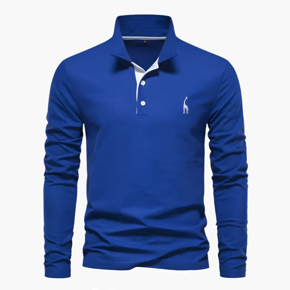 Blue long-sleeve polo shirt in breathable cotton with chest embroidery